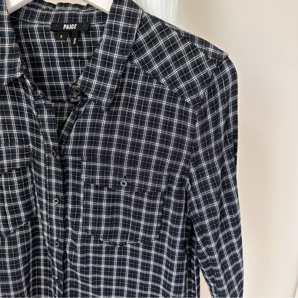 Paige Women’s Mya Plaid Long Sleeve Blue Black Silver Flannel Shirt SZ Small